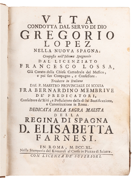  LOSA, Francisco. Vita Condotta dal servo di Dio Gregorio Lo...