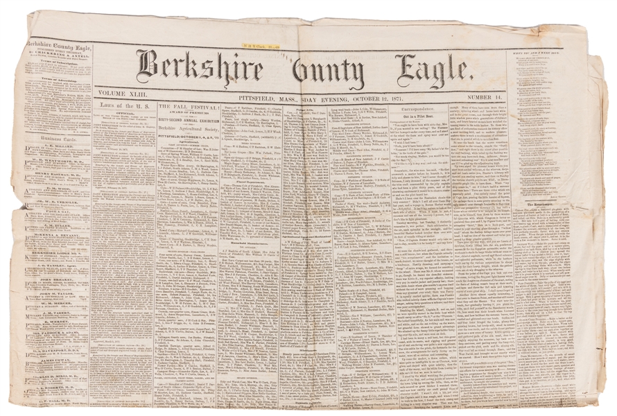  [NEWSPAPER]. [GREAT CHICAGO FIRE]. Berkshire County Eagle. ...