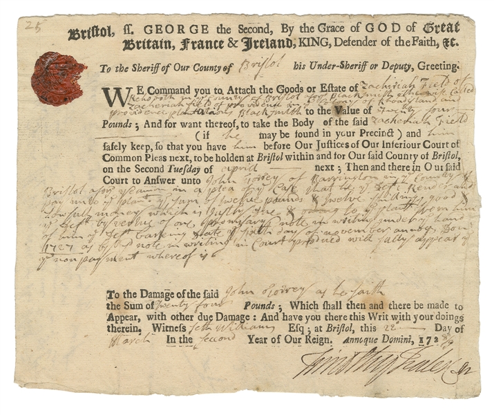  [COLONIAL LEGAL WRIT]. FALES, Captain Timothy (1690-1777). ...