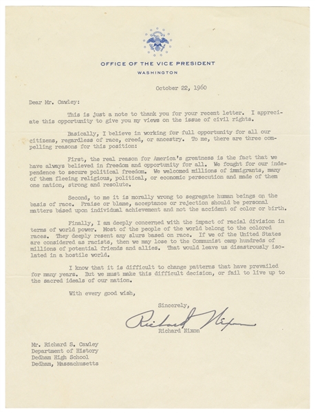  NIXON, Richard (1913-1994). Typed Letter Signed as Vice Pre...