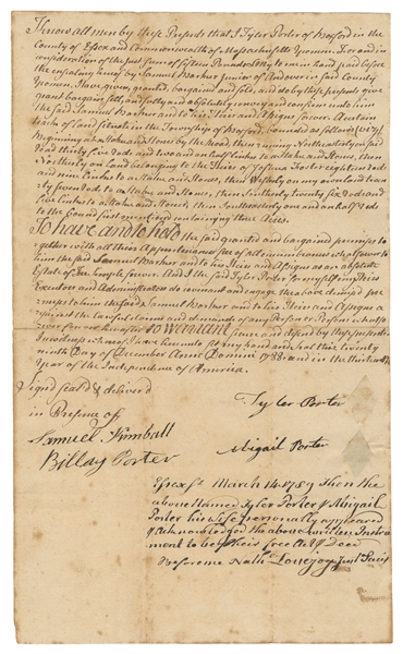  [PORTER FAMILY]. Manuscript Sale of Land Contract. [Essex C...