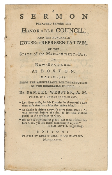  [REVOLUTIONARY WAR]. WEBSTER, Samuel (1718-1796). A Sermon ...