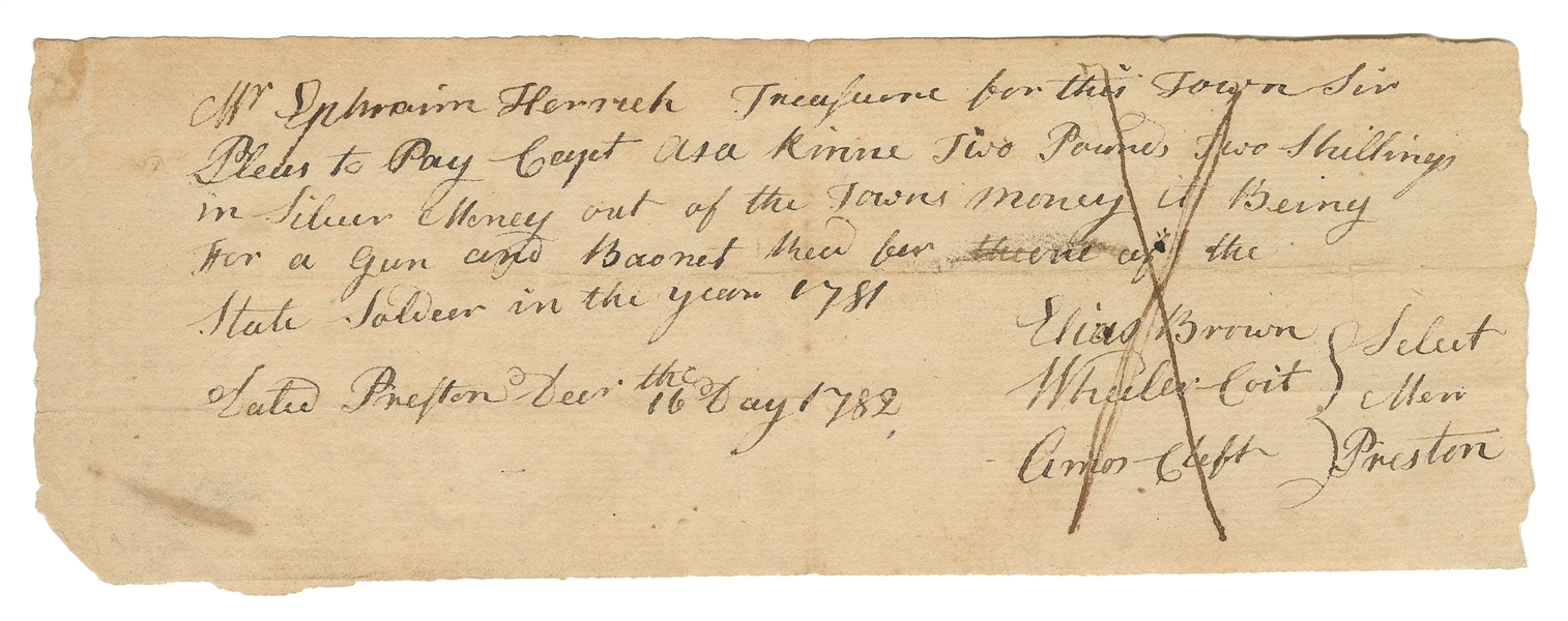  [REVOLUTIONARY WAR]. Revolutionary War Pay Receipt for a Gu...