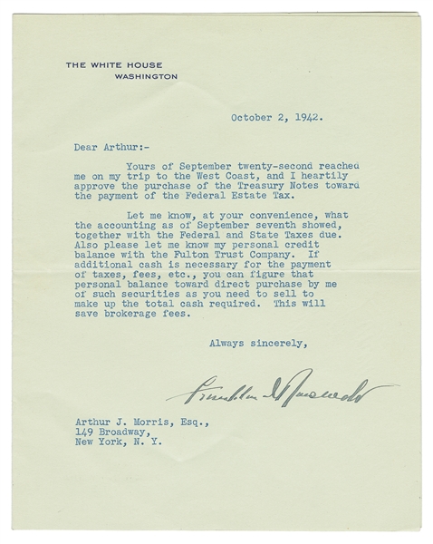  ROOSEVELT, Franklin Delano (1882-1945). Typed Letter Signed...