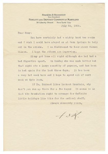  ROOSEVELT, Franklin Delano (1882-1945). Typed Letter Signed...