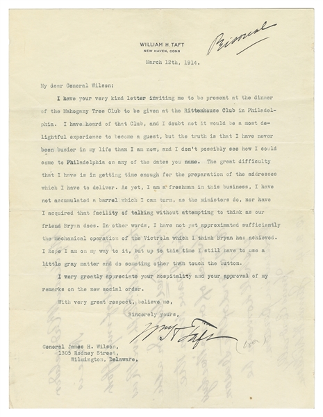  TAFT, William Howard (1857-1930). Typed Letter Signed. New ...