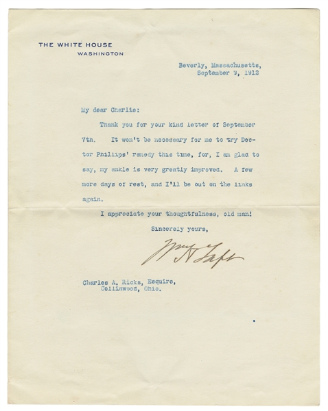  TAFT, William Howard (1857-1930). Typed Letter Signed as Pr...