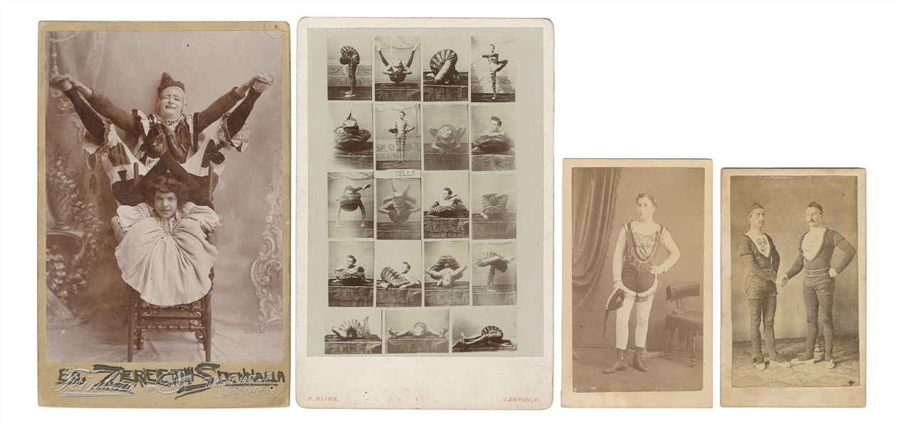  [ACROBATS]. Six cabinet photos and CDVs of contortionists a...