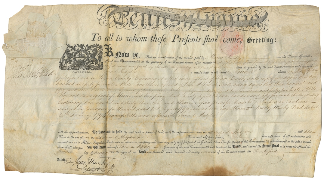  MIFFLIN, Thomas (1744-1800). Land Indenture Document Signed...