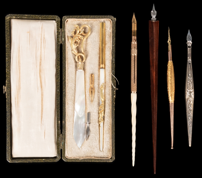  Group of 5 pens and writing instruments. 19th/20th century....