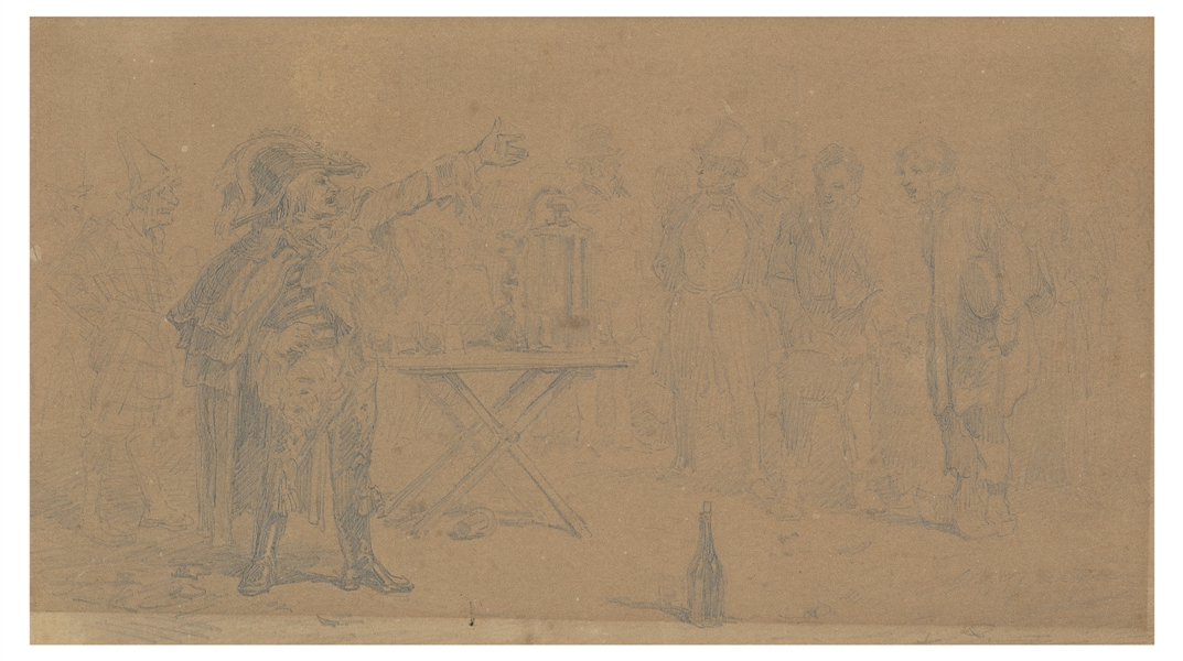  [CUPS AND BALLS]. French drawing of an itinerant magician. ...