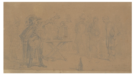  [CUPS AND BALLS]. French drawing of an itinerant magician. ...