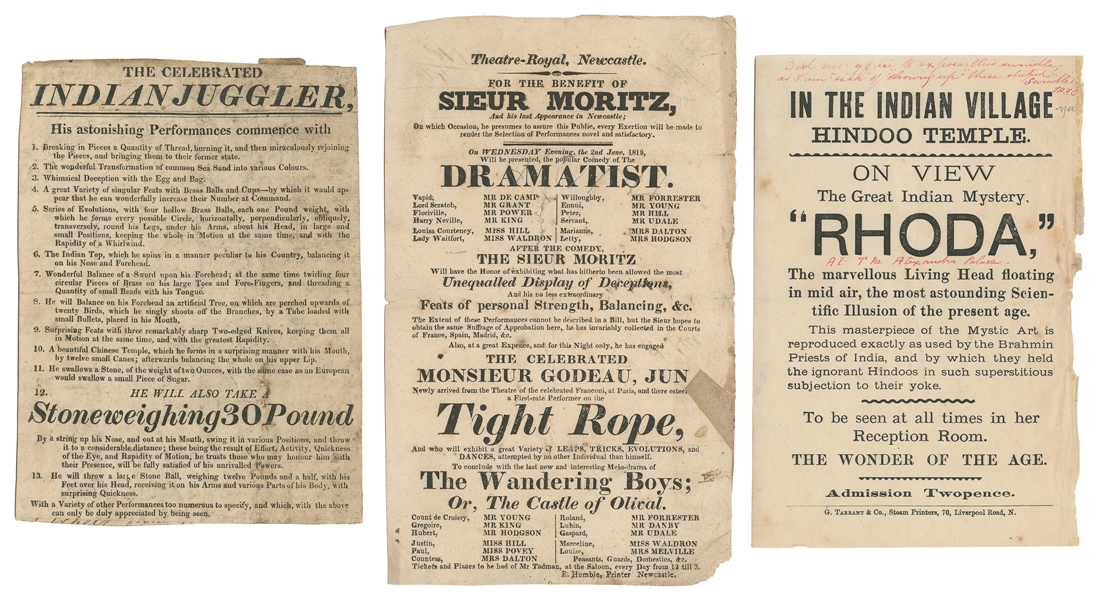  [MAGIC]. Group of 3 Handbills for Nineteenth-Century Circus...