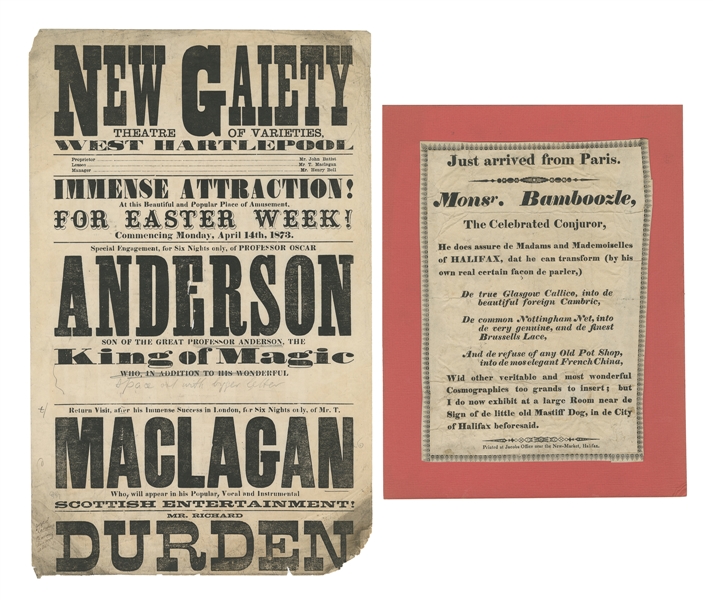  [MAGIC]. Pair of Broadsides for Magicians. Including: “Mons...