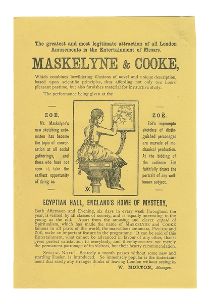  [MASKELYNE]. Handbill for Maskelyne’s Automaton, Zoë. [Lond...