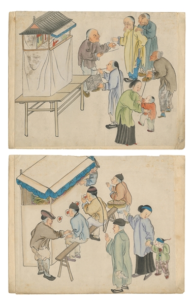  [PEEP & PUPPET SHOWS]. Two Chinese Watercolors. Circa 1870....