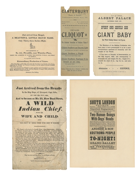  [SIDESHOW – HANDBILLS]. Five Nineteenth Handbills For Unusu...