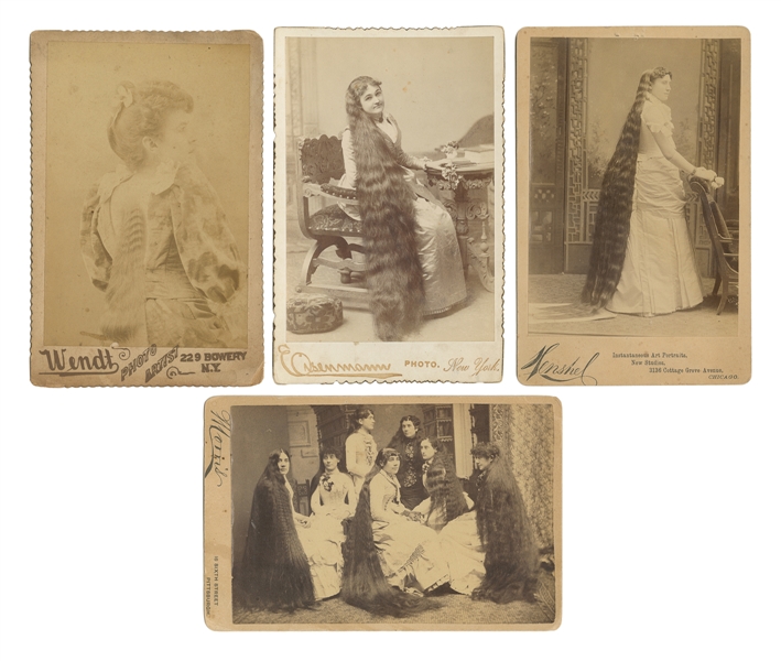  [HAIR – SIDESHOW]. Four cabinet photographs of long-haired ...