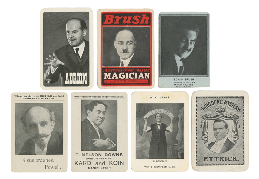 [THROW-OUT CARDS]. Seven Vintage Magicians’ Throw-Out Cards. 