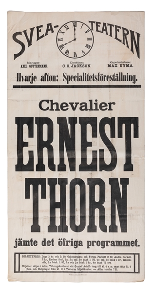  THORN, Chevalier Ernst (1853 – 1928). Svea-Teatern…Chevalie...