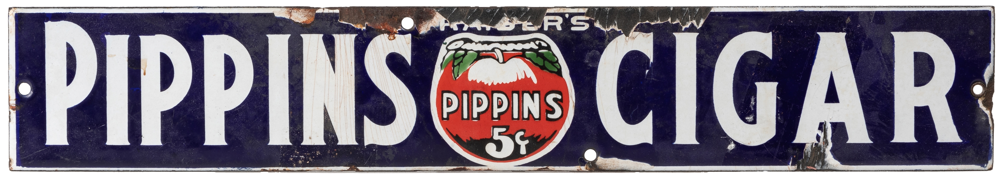  Pippins 5 Cent Cigar Porcelain Horizontal Sign. 3 ½ x 21”. ...