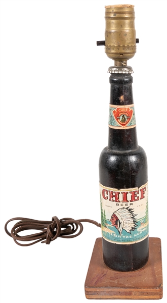  Chief Beer Advertising Table Lamp. Circa 1950s. Wooden bott...