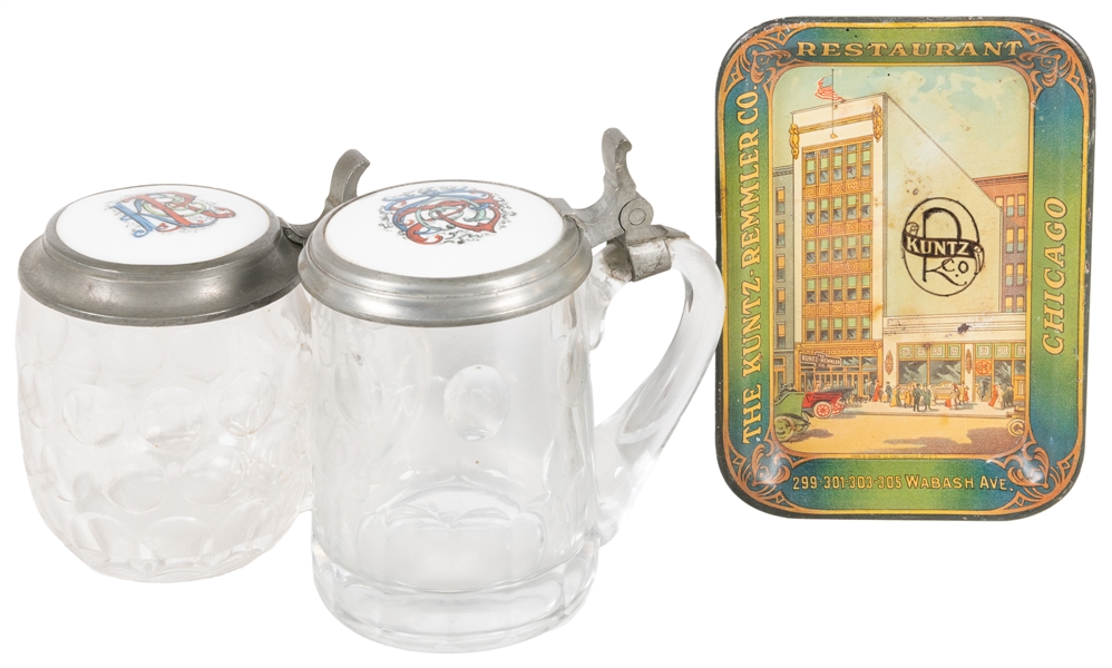  Kuntz-Remmler Co. Beer Steins (2) and Restaurant Tip Tray, ...