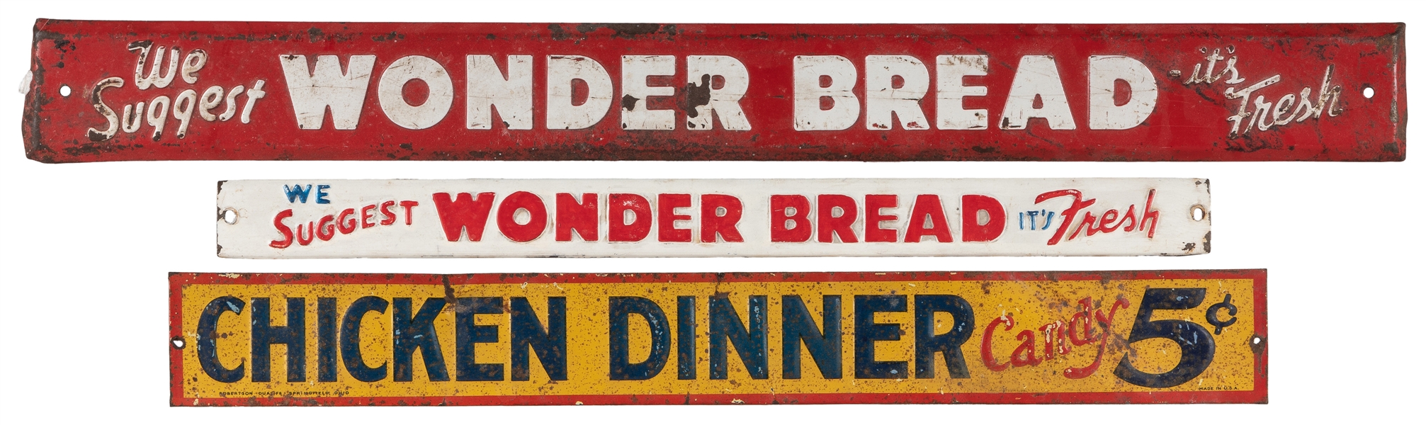  Three Advertising Strip Signs. Embossed tin signs for (2) W...