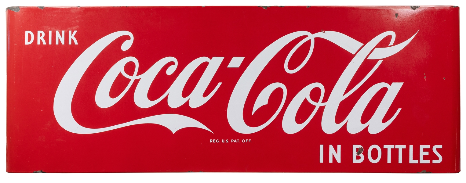  Drink Coca-Cola Porcelain Sled Sign. Circa 1950. Metal “sle...