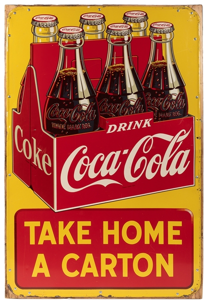  Coca-Cola “Take Home a Carton” Large Tin Sign. 1951. Mounte...