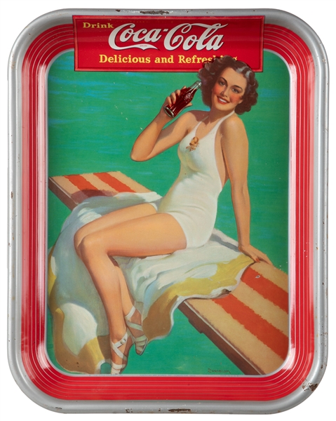  [COCA-COLA]. “Springboard Girl” Lithographed Metal Tray. Co...