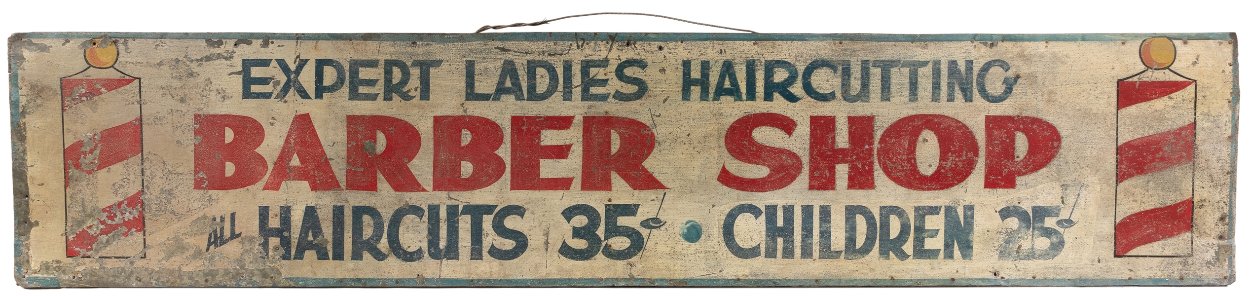  Large Hand-Painted Barber Shop Tin Sign. Circa 1950s. Horiz...