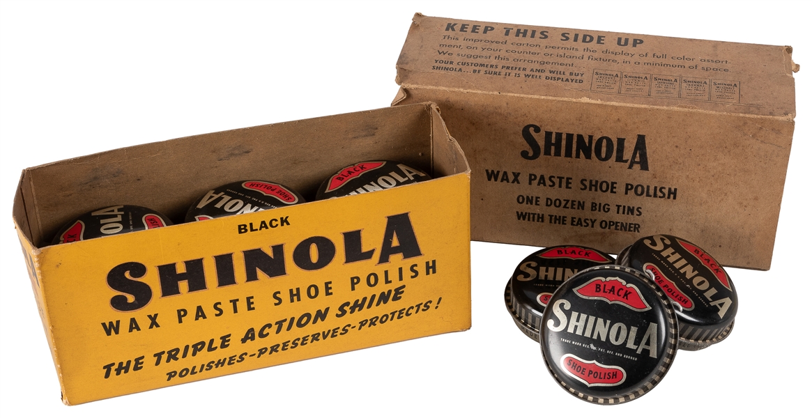  Shinola Full Display Box of Wax Shoe Polish Tins. 1940s. Or...