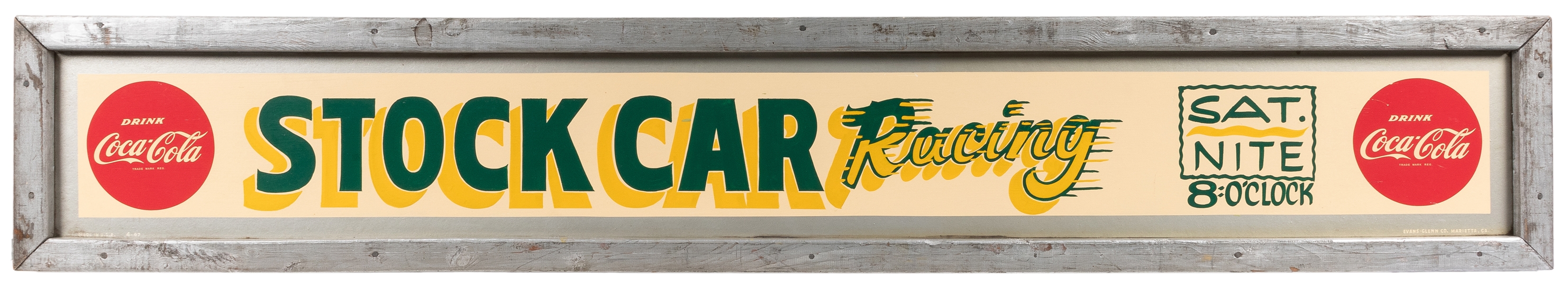  Coca-Cola Stock Car Racing Hand-Painted Sign. 1960s. (1960s...