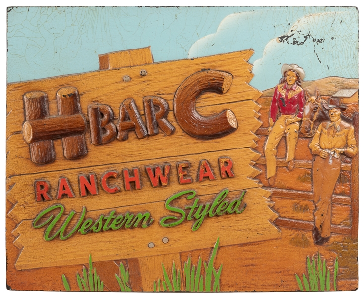  H Bar C Ranchwear Western Styled Sign. 1950s. An in-store a...