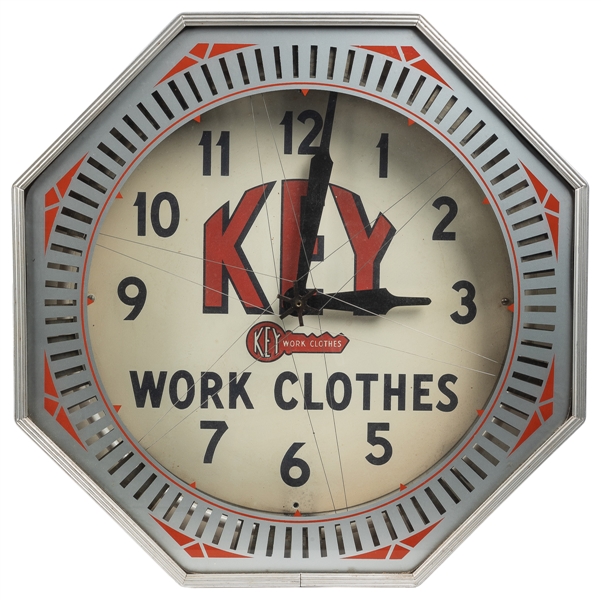  Key Work Clothes Neon Wall Advertising Clock. 1950s. Post D...