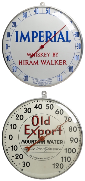  Two Advertising Dial Thermometers. Two round Pam style alum...