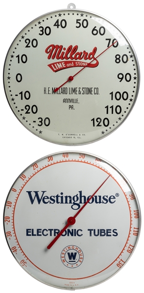  Two Advertising Dial Thermometers. Two round Pam style alum...