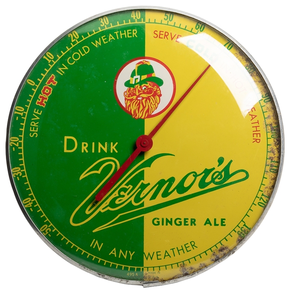  Vernor’s Ginger Ale Advertising Dial Thermometer. One round...