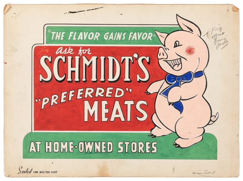  Schmidt’s Preferred Meats Original Sign / Advertising Artwo...