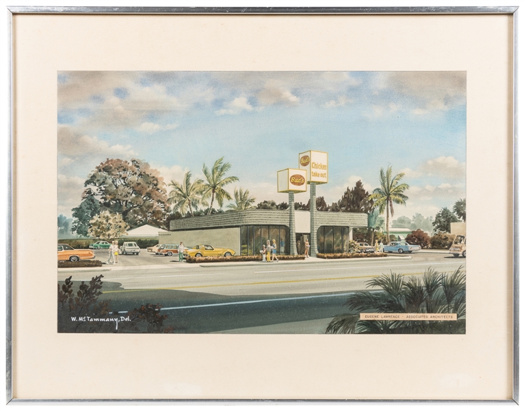  Bud’s Chicken Original Architectural Painting. Circa 1970. ...