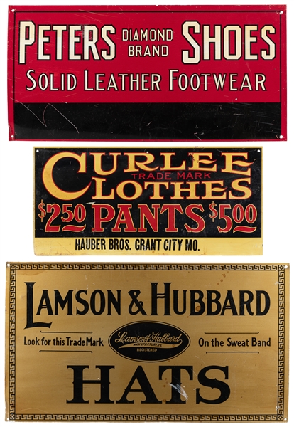  Group of Three Tin Signs for Hats, Pants, and Shoes. Twenti...