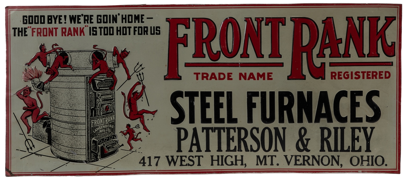  Front Rank Steel Furnaces Sign. Circa 1920s. Embossed singl...