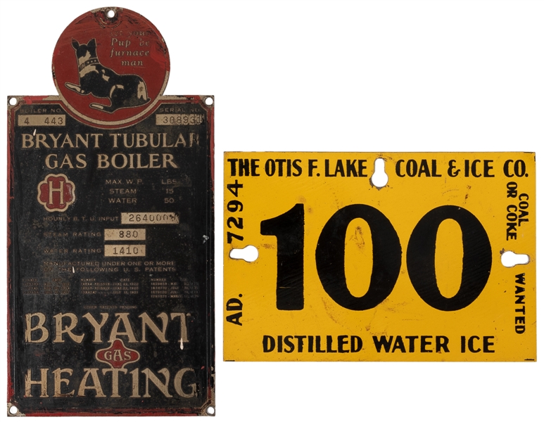  Two appliance plate signs. Bryant and Otis F. Lake. Two sig...