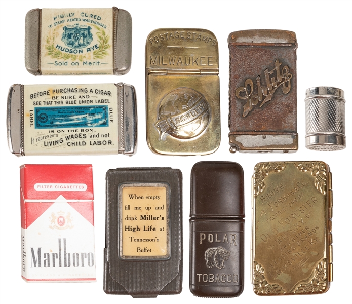  Lot of 9 Liquor and Tobacco Advertising Match Safes. Bulk e...