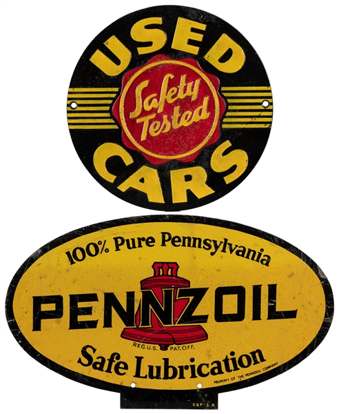  Two Signs. Pennzoil / Used Cars. Two rounded signs includin...