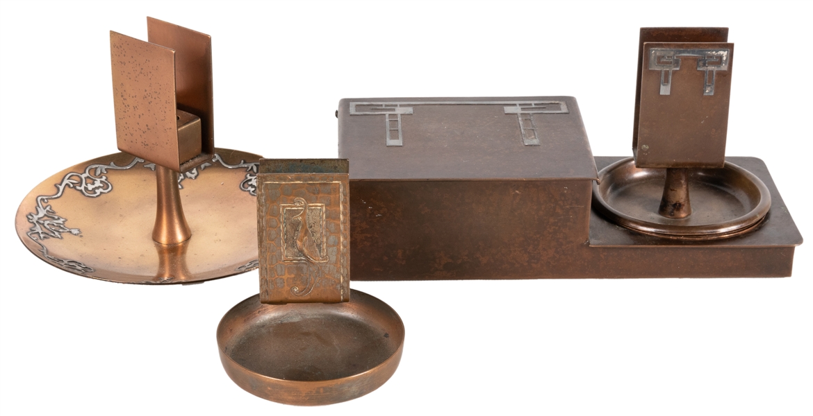  Roycroft & Heintz Metal Art Bronze Ashtrays and Matchbox Ho...