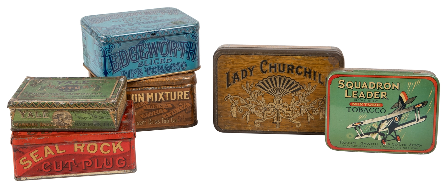  Assorted Tobacco Tins. Early 20th century. Lot of six litho...