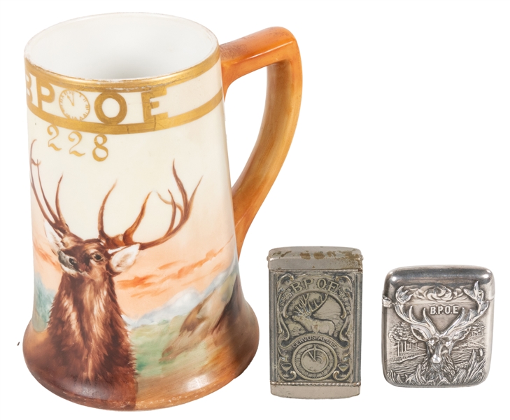  BPOE Beer Stein and Match Safes. Limoges: PL., ca 20th cent...