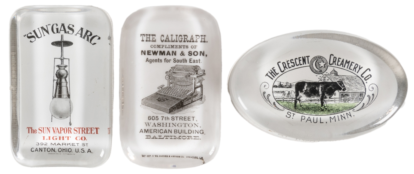  [PAPERWEIGHTS]. Group of 3 Rare Advertising Paperweights. [...
